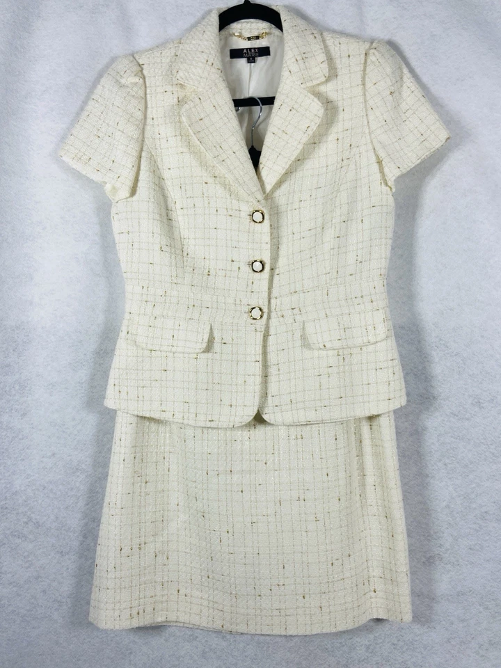 Alex Marie 2PC Skirt Suit Womens 8 Beige Blazer Long Sleeves Shimmer Tweed - Image 1 of 4