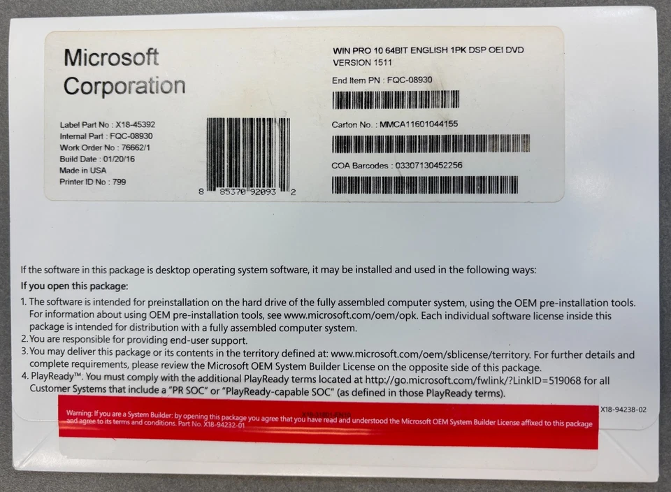Microsoft Windows Pro 10 64 BIT Inglés 1PK DSP OEI DVD Versión 1511 Foto 1 de 1