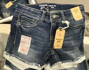 Hippie Girl Denim Shorts Kids NWT SZ. 8 Midi Blue Super Soft Stretch Adjustable - Picture 1 of 6