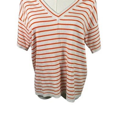 Suéter Top Ann Taylor Naranja Blanco Rayas Cuello en V Talla S SP22 Manga Corta Foto 1 de 4