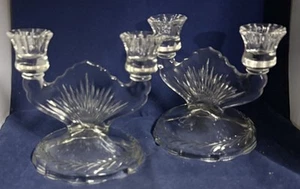 Set Of 2 Vintage Clear Glass Double Arm Candle Holder Raised Pine Needle Design - Picture 1 of 5