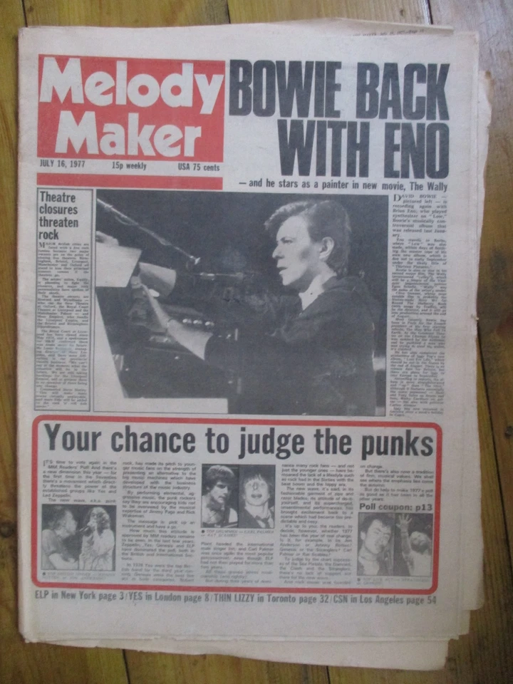 Melody Maker 16 July 1977 - Bowie & Eno, Steve Harley, Yes, Thin Lizzy, Emmylou Foto 1 de 1