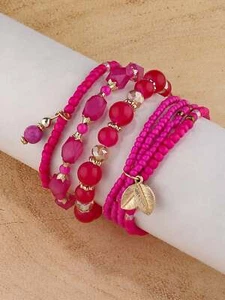 4pcs Leaf Charm Hot Pink Set Beaded Bracelet Women Bracelet Stackable Bracelet - Picture 1 of 5