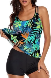 MARZXIN Tankini Swimsuit for Women Size M-L Green Floral Two Piece Tank Top Bath - Picture 1 of 6