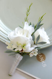 Bride Groom Bridesmaid White Wrist Corsage Artificial Flower Boutonniere Wedding