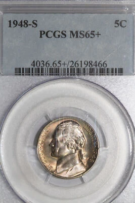 1948-S Gold Toned Jefferson Nickel Five-Cent Piece PCGS Graded MS5+ (26198466) - Image 1 of 4