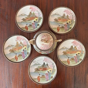 VTG Satsuma Mount Fuji Geishas Tea Plates & Teapot Set, Meiji Period Signed - Picture 1 of 15