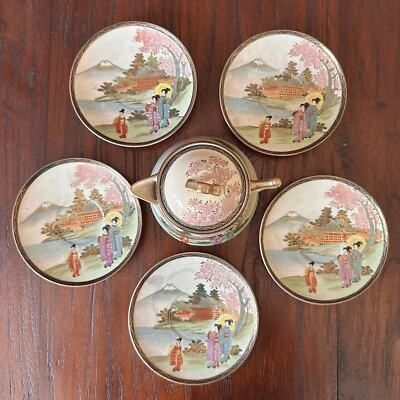 VTG Satsuma Mount Fuji Geishas Tea Plates & Teapot Set, Meiji Period Signed - Image 1 of 4