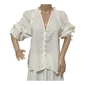 Zara Womens Embroidered Cutwork Top Blouse M Ivory 3/4 Sleeve Peasant Boho Beach - Picture 1 of 17