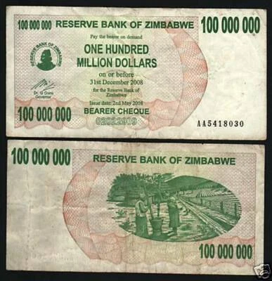 ZIMBABWE 100000000 DOLLARS P-58 2008 x 100 Pcs Bundle Lot 100 MILLION PACK NOTE - Image 1 of 3