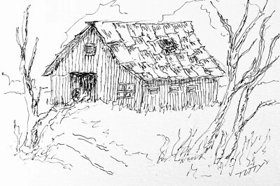 1966 Vintage Tutty Pen Tinta Dibujo Rústico Granero Invierno Árbol Hielo Paisaje MCM 60s Foto 1 de 4