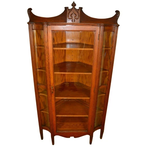 Antique Victorian Oak Corner China Cabinet - Reverse Curve Glass #21657 Cover