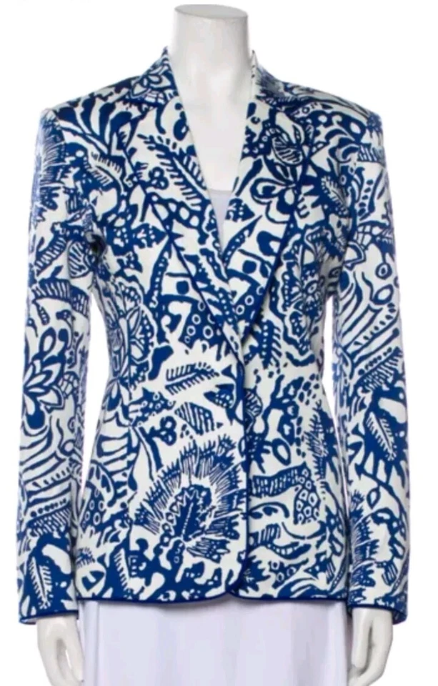 Blazer de diseñador Alexis para mujer abstracto AOP azul y blanco 1 botón chaqueta carrera Foto 1 de 4