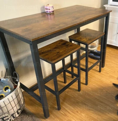 Industrial Bar Table and Stools Tall Rustic Kitchen Vintage Breakfast Dining Set - Image 1 of 4