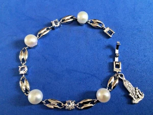 Our Lady of FATIMA Pearl and Rhinestone Bracelet Silver Tone 7” - Picture 1 of 4