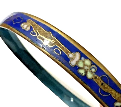 Brazalete Brazalete Vintage Floral Esmalte Cloisonne Azul Blanco Flores Tono Dorado 8" Foto 1 de 4