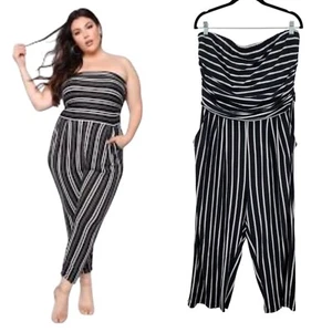 Womens Plus Sz 2x Black White Striped Strapless Jumpsuit Stretchy Pockets - Picture 1 of 11