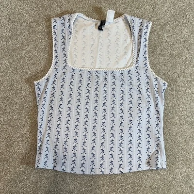 H&M Divided Blue Floral Striped Square Neck Tank Top Crop Sleeveless Women's M - Image 1 of 4