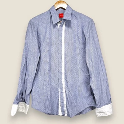 Hugo Boss Orange Button Shirt Men Medium Blue White Dots Cotton Contrast Hidden - Image 1 of 4
