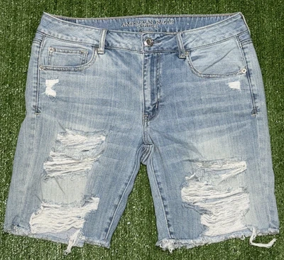 American Eagle Blue Denim Tomgirl Bermuda Casual Shorts Size 10 Distressed - Image 1 of 4