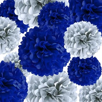 Blue Silver Tissue Paper Pom Poms 12Pcs- Hanging Variety Pack,  - Image 1 of 4