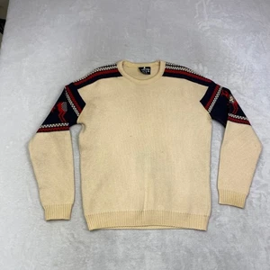 Demetre Pure Virgin Wool Sweater Mens M Beige Red Blue Nordic Deer Crew Neck - Picture 1 of 9