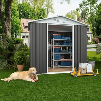 6x4 FT Outdoor Metal Storage Shed Apex Roof with Base Frame Garden Shed Gray - Image 1 of 4