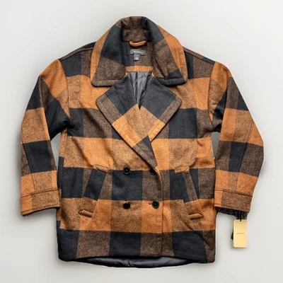 Nordstrom Halogen Pea Coat Womens Small Buffalo Plaid Chore Jacket Heavy Copper - Image 1 of 4