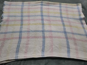 Vintage Woven Baby Blanket Pastel Plaid Pink Blue Yellow Open Weave Waffle - Picture 1 of 20