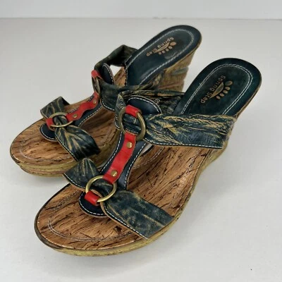 Spring Step Womens 37 Genevieve Brown Cork Wedge Slip On Size 41 Thong Sandals - Image 1 of 4