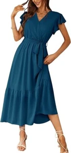 NWT Pretty Garden Sz XXL  Boho Dress Wrap V Neck Short Sleeve Belted Ruffle Hem - Picture 1 of 9