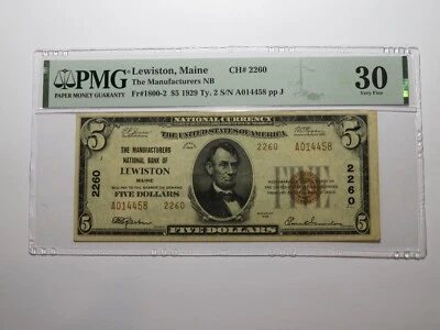 $5 1929 Lewiston Maine National Currency Bank Note Bill Charter #2260 VF30 PMG - Image 1 of 4
