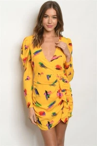 Yellow Print Long Sleeve Dress Size Small Deep V Neck Slit Back - Picture 1 of 2