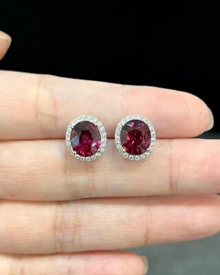 Oval Cut 3.44 Ct Natural Ruby & Diamond Earring Solid 18K White Gold Stud - Image 1 of 4