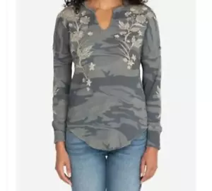Johnny Was Fleurie Gray Camo Long Sleeve Thick Thermal Top M - Picture 1 of 8