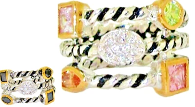 CZ ring stack silver & 18kt yellow gold band 3 row clear black multi wide 5 New - Image 1 of 4