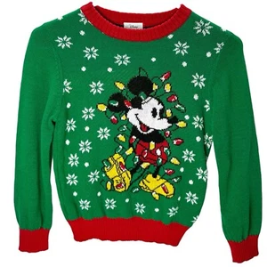 Disney Mickey Mouse Christmas Lights/Snowflakes Green Sweater Sz 6 Xmas Holiday - Picture 1 of 5