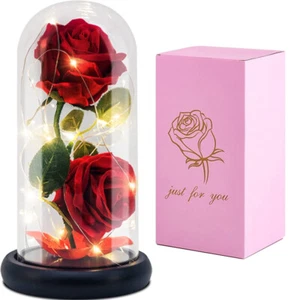 Light Up Red Silk Rose Flower in Glass Dome Valentines Birthday Gifts For Women - Picture 1 of 10