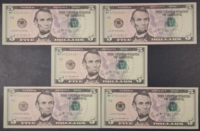 5x Sequential Uncirculated 2013 Five Dollar ($5) * STAR * Notes; F6 Atlanta - Image 1 of 2