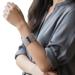 EDITA Multi Strand Silver Chain Bracelet w Black Beads by Israeli Artist R$105 - Picture 1 of 9