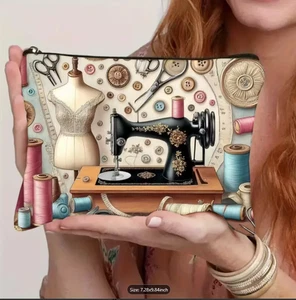 Vintage Nähmaschine & Stoffdruck Kosmetiktasche - Reißverschluss Make-up organisieren - Bild 1 von 7