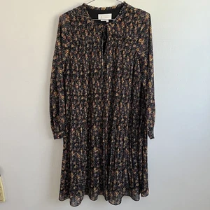 Anthropologie Floral Pleated Long Sleeve Midi Dress Black - Women's Size UK 10 - Picture 1 of 12