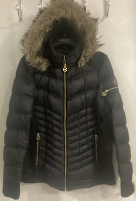 MICHAEL KORS DOWN PUFFER Faux Fur Trim/Removable Hood Jacket- Black Women’s Sz M - Image 1 of 4