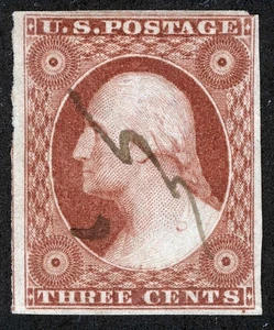 US Sc 10A Orange Brown 3¢ Type II 1851 Manuscript Pen Cancel Pos. 28L2E - Picture 1 of 1