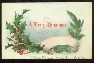 A MERRY CHRISTMAS Holly Berries Scroll Vintage Postcard - Picture 1 of 1