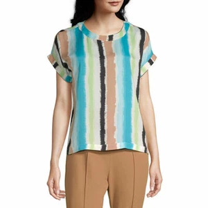 Worthington Women's Round Neck Short Sleeve Blouse SMALL Sophia Stripe NEW - Picture 1 of 3