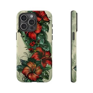 For Galaxy, Pixel, iPhone Case Cover - Red Ink Hibiscus Flower Tattoo Style - Picture 1 of 191