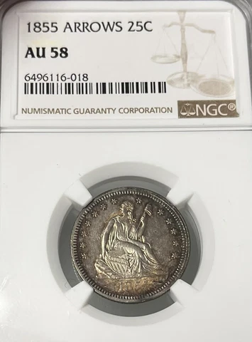 1855 Arrows! NGC AU58 Seated Liberty Quarter Dollar Cover