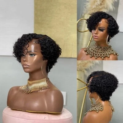 Peluca corta negra rizada de cabello humano sin pegamento peluca frontal de encaje 13x4 Foto 1 de 4