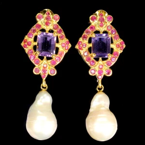 925 Sterling Silver Earrings Octagon Amethyst 9x7mm Ruby Pearl Gemstone Jewelry - Picture 1 of 10
